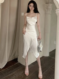 Summer Women New Spaghetti Strap Elegant Party Midi White Satin Dress Female Fashion Sexy Ladies Sleeveless Clothes