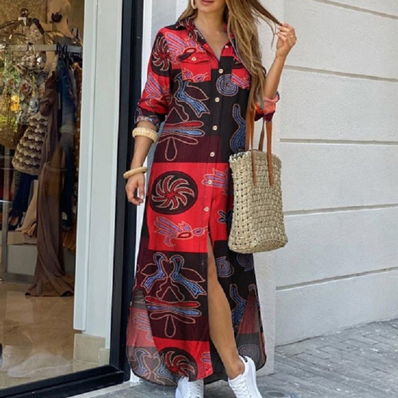 Women Long Sleeve Shirt Dress Summer Casual Boho Printed Dresses Fashion Single Breasted Button Party Female Maxi Dress Vestidos