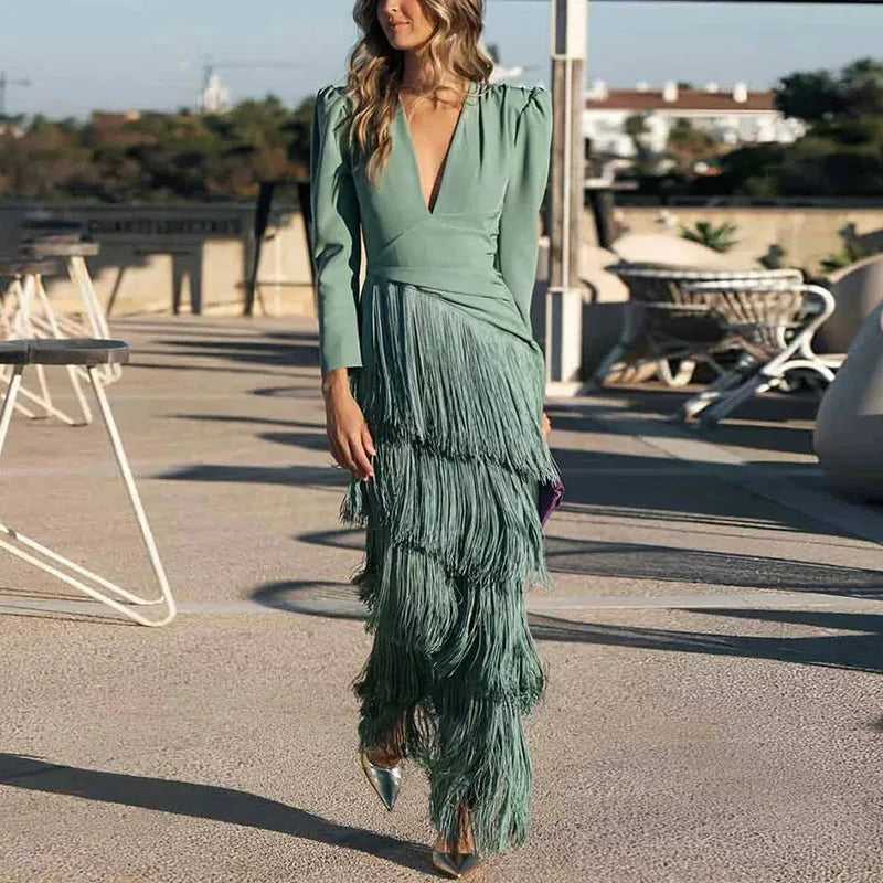 Autumn Long Sleeve Spliced Tassel Party Dresses Woman Elegant Deep V Neck Sheath Long Dress Fashion Solid Pleated Bohemian Dress