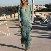 Autumn Long Sleeve Spliced Tassel Party Dresses Woman Elegant Deep V Neck Sheath Long Dress Fashion Solid Pleated Bohemian Dress