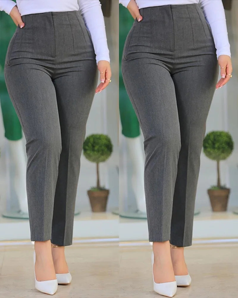 Women Pants High Waist Solid Pockets Pencil Pants Ankle Length Slim Fit Office Lady Zipper Flat Summer 2024 Slight Strech