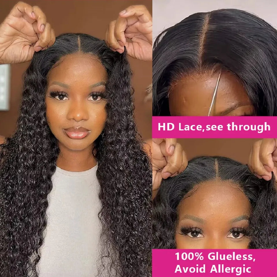 Alipretty Glueless Wig Water Wave 13x4 Lace Frontal Human Hair 250% Density Pre-Cut Ready To Wear Curly Hair Pre-Plucked Natural