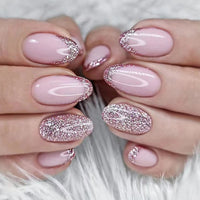 24Pcs Oval Head False Nails Pink Almond Artificial Fake Nails With Glue Full Cover Nail Tips Press On