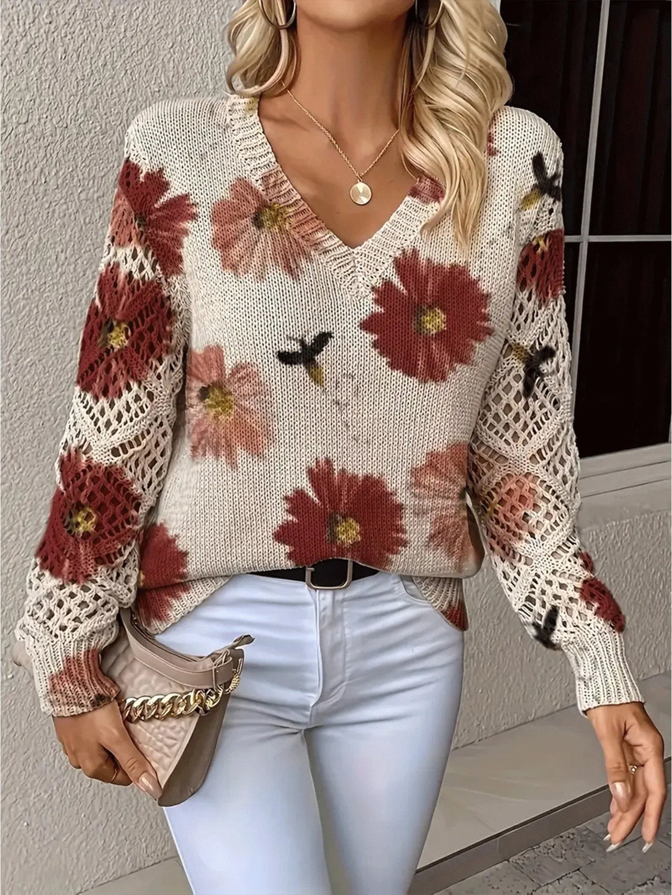 Elegant Bohemian Floral V-neck Long Sleeved Top Fashionable V-neck Pullover Hollow Printed Sweater Pullover 2025 Casual Knitwear