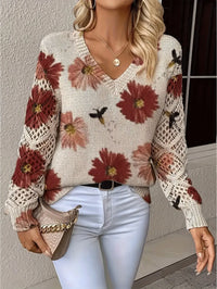 Elegant Bohemian Floral V-neck Long Sleeved Top Fashionable V-neck Pullover Hollow Printed Sweater Pullover 2025 Casual Knitwear