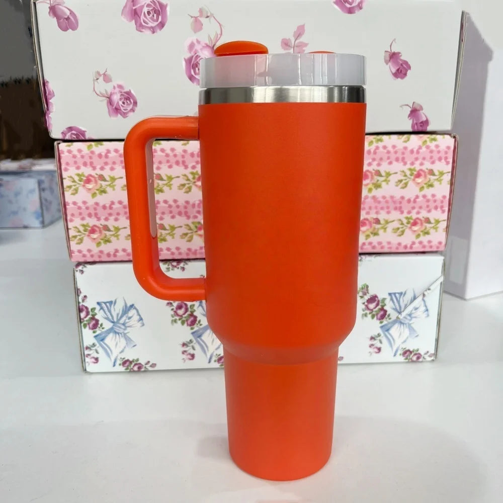 Stainless Steel Vacuum Insulated Car Cup with Dual Straw Lid, Thermal Icy Travel Handle 40oz New