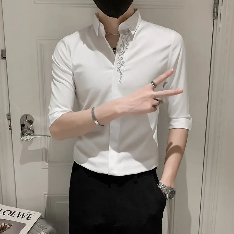 Embroidered Shirt Men's Trendy Brand Summer Short-sleeved Handsome Five-point Mid-sleeved Men's 2025 New Hairstyle Inch Shirt