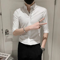 Embroidered Shirt Men's Trendy Brand Summer Short-sleeved Handsome Five-point Mid-sleeved Men's 2025 New Hairstyle Inch Shirt