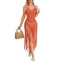 Summer Women Bikini Cover Ups Crochet Cutout Bandage Backless Beach Dress with Tassels for Beach Bathing Suit