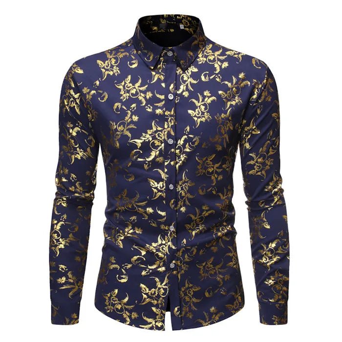 Mens Gold Rose Floral Print Shirts Brand Floral Steampunk Chemise White Long Sleeve Wedding Party Bronzing Camisa Masculina New