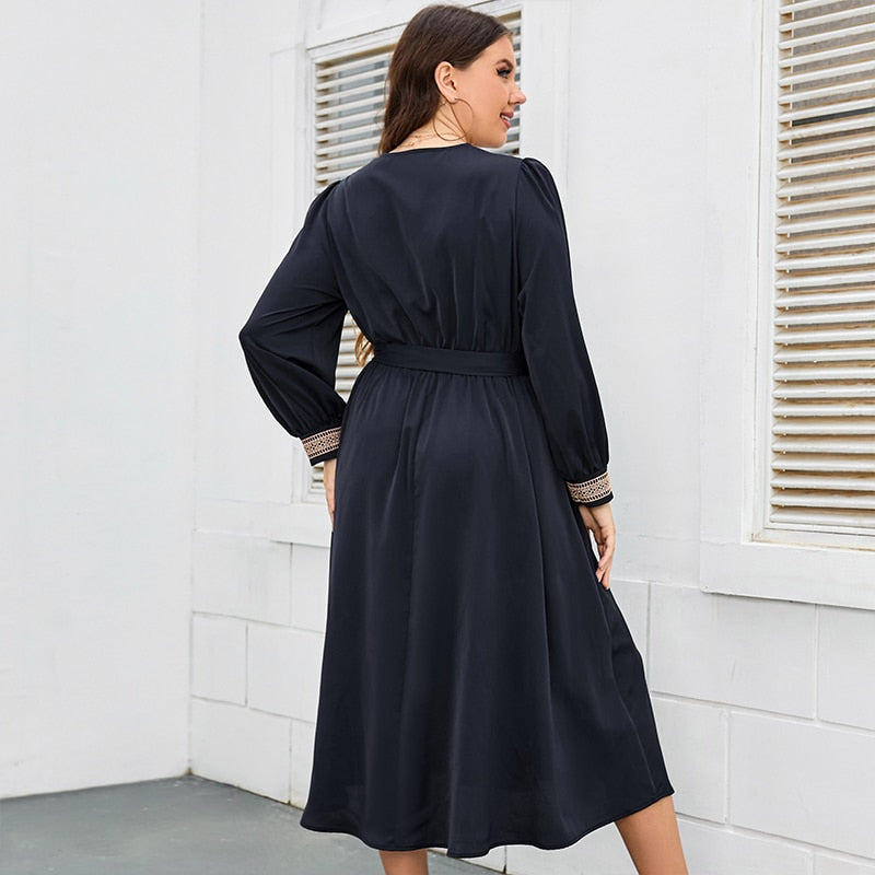 Della Mel Plus Size Women Clothing Long Sleeve Dress Urban Office V Neck Elegant Female Evening A-line Casual Party Long Dresses