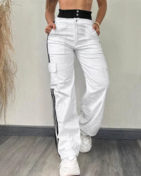 High Waist Stretchy Cargo Pants with Striped Tape Patch Shirred Design And Pockets for Women