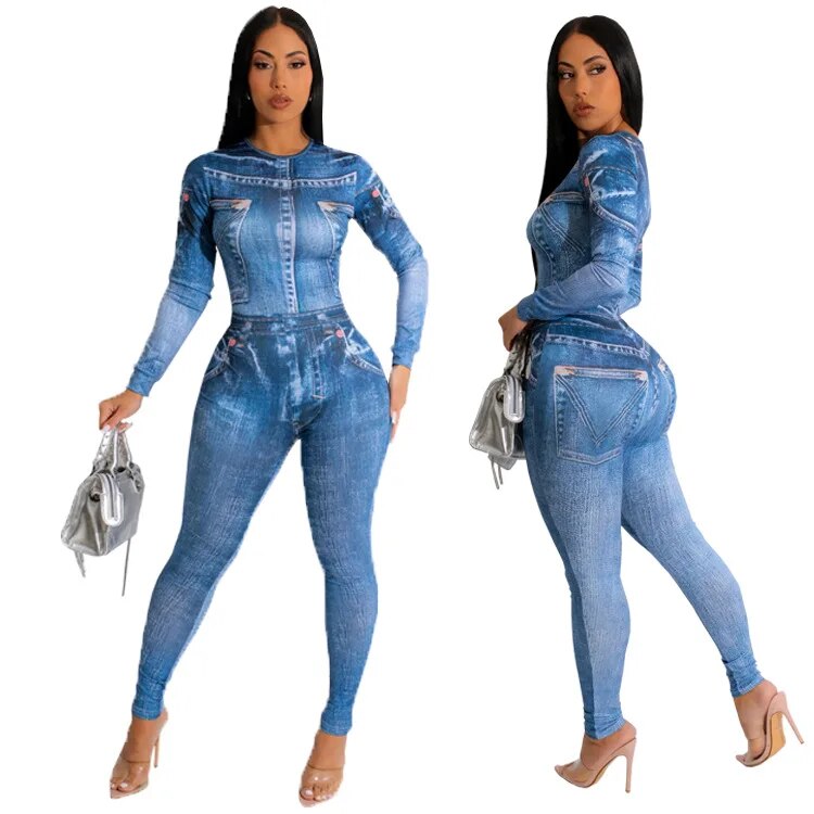 Sexy Printed Slim Jumpsuits Women Overalls Long Sleeve One Piece Tight Pants New 2023 Female Rompers Playsuit Round Neck