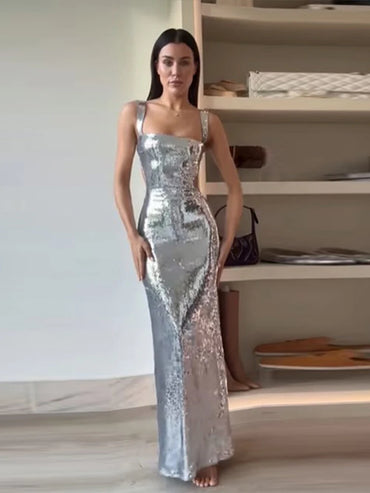 Sexy Sling Backless Silvery Maxi Dresses For Women Fashion High Waist Bodycon Sleeveless Robes Female Evening Party Vestidos