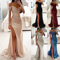 New Women Vintage Sequined V Neck Off Shoulder Slim Sexy Split Long Dress Evening Party Maxi Dresses Party Sequin Dress