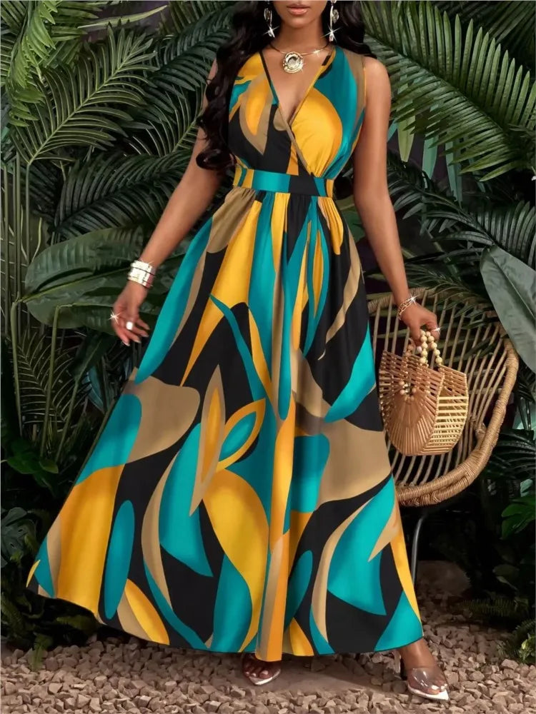 New Fashion Temperament Print Waist Cinching Dress Summer Elegant V-neck Sleeveless Vacation Style Long Printed Dress For Women