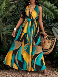New Fashion Temperament Print Waist Cinching Dress Summer Elegant V-neck Sleeveless Vacation Style Long Printed Dress For Women