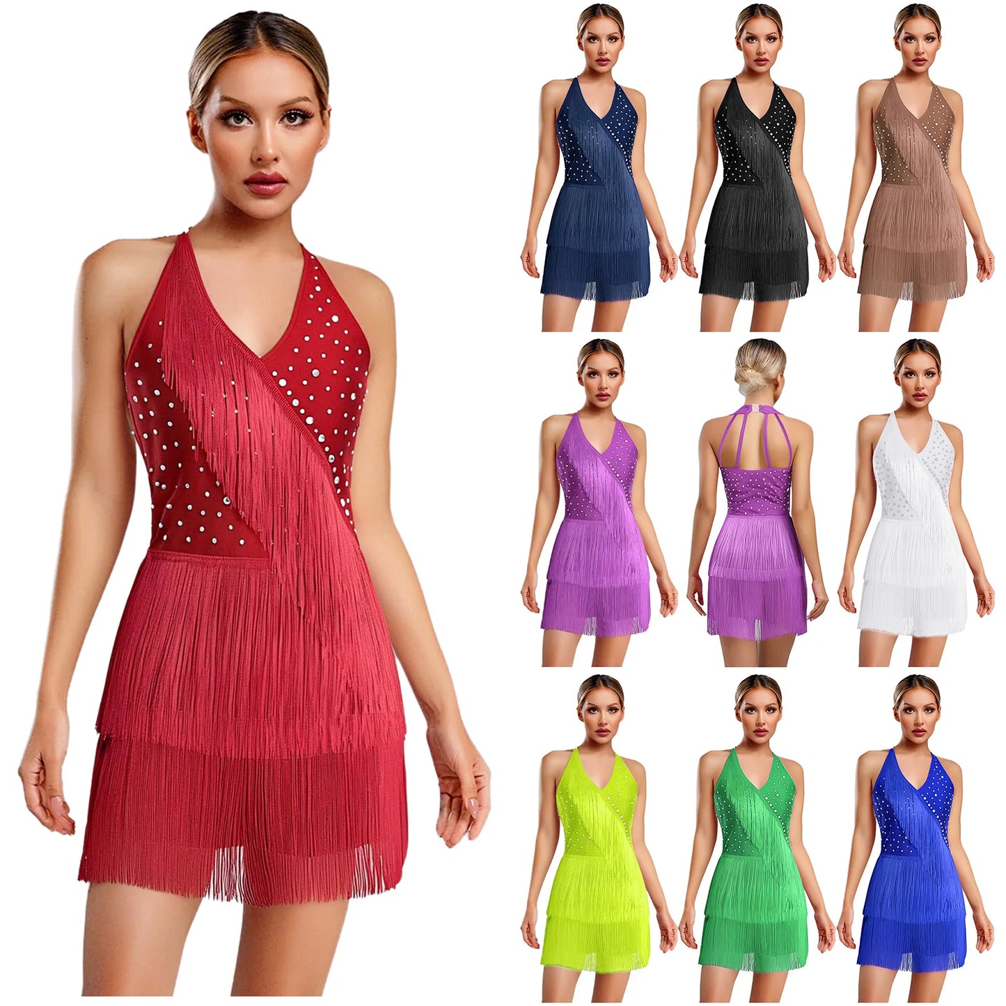 Women Rhinestones Latin Dance Costume Tassel Gymnastics Leotard Bodysuit Ballet Tango Salsa Jazz Performance Fringed Jumpsuits
