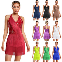 Women Rhinestones Latin Dance Costume Tassel Gymnastics Leotard Bodysuit Ballet Tango Salsa Jazz Performance Fringed Jumpsuits