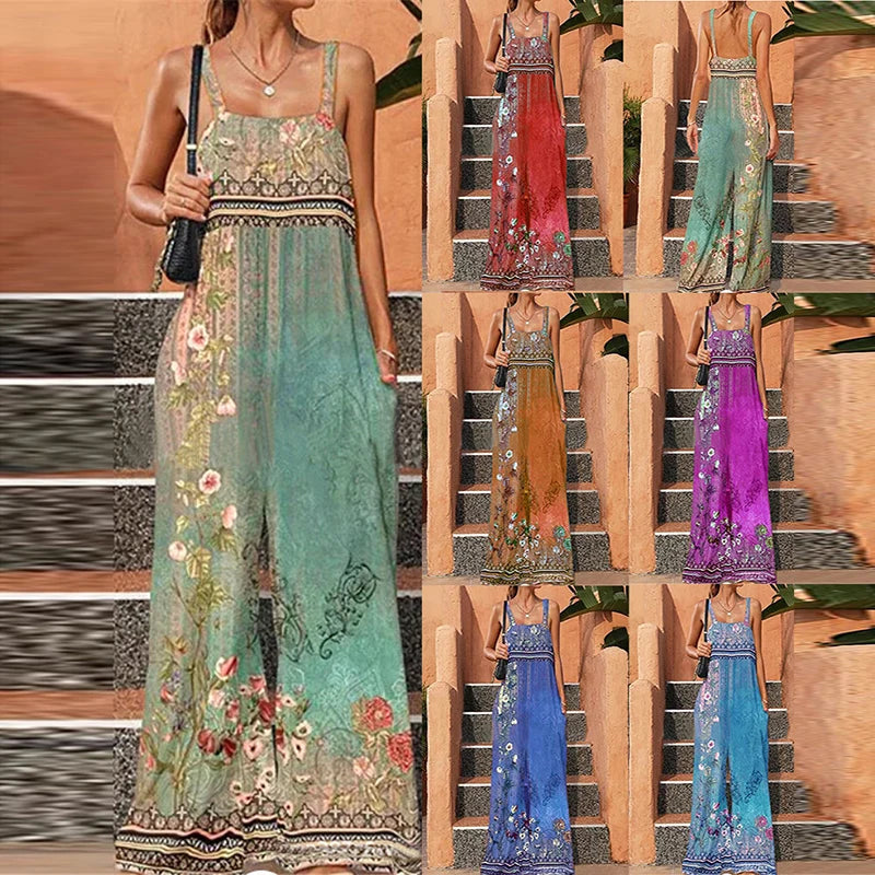 Fashion New Ethnic Style Printed Sleeveless Sling Women Jumpsuit Summer Loose Causal Vintage Backless Wide Leg Pants Jumpsuit