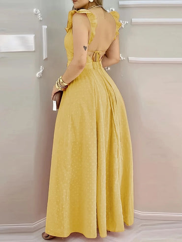 Women's Yellow Polka Dot Maxi Dress Ruffled Neckline Back Tie Side Slit Ideal for Summer Vacations and Bohemian Gatherings