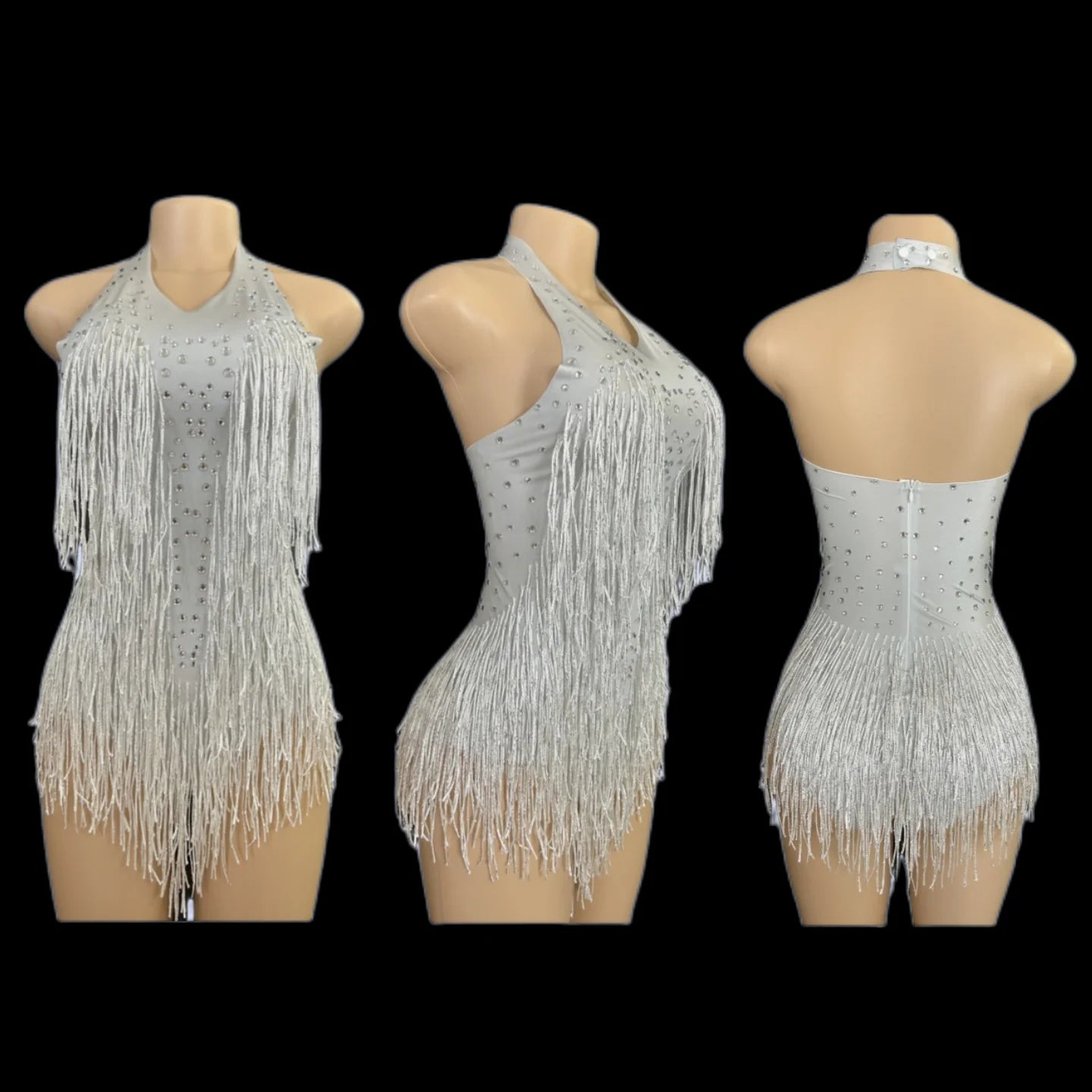 Sparkly Rhinestones Fringe Bodysuit WomenVightclub Party Dance Costume Stage Wear SexyTassel Leotard Performance Clothing G7