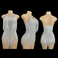 Sparkly Rhinestones Fringe Bodysuit WomenVightclub Party Dance Costume Stage Wear SexyTassel Leotard Performance Clothing G7