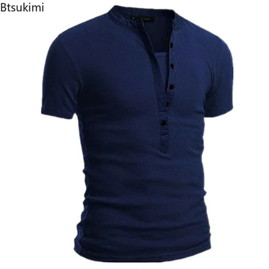 2026 Men's Summer Casual Shirts Solid V-neck Button Slim Fit T-Shirts for Men Fashion Short Sleeve Tees Tops Men Clothing S-3XL