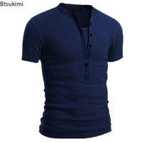 2026 Men's Summer Casual Shirts Solid V-neck Button Slim Fit T-Shirts for Men Fashion Short Sleeve Tees Tops Men Clothing S-3XL