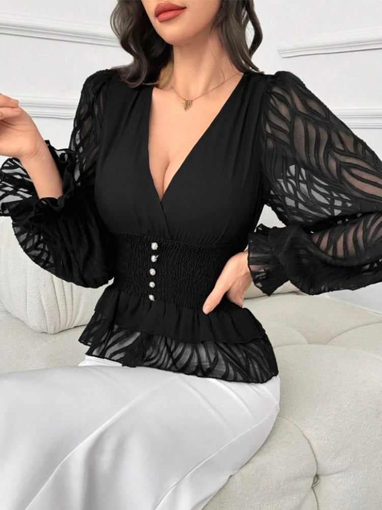 Women's Elegant and Fashionable V Neck Lantern Sleeve Waist Shirt