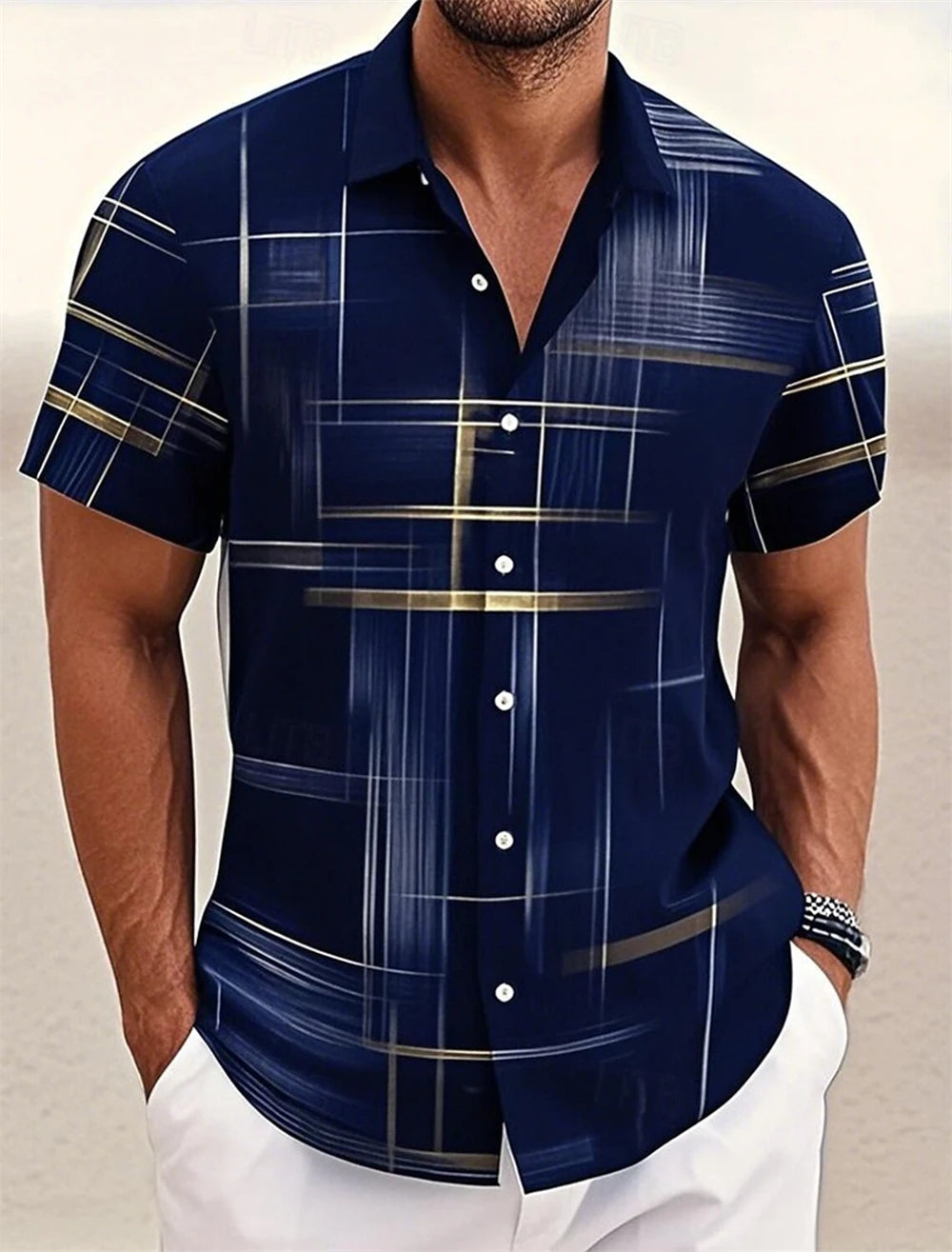 Men's Geometric Plaid Button Shirt Casual Fashion Outdoor Vacation Street Trend Turndown Shirt 3D Printed Short Sleeve Shirts