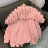 Autumn Winter New Fur Coat for women real Fox fur Knitted Sweater Cardigan Loose Korean casual women mid length outerwear Y4340