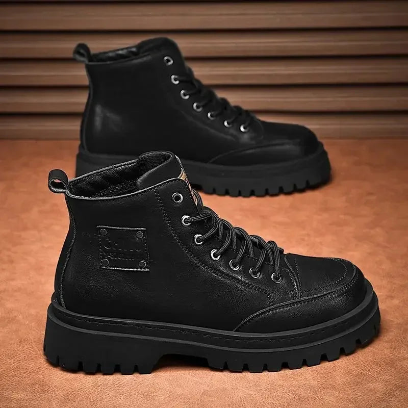 Men Boots Autumn Leather Waterproof Mid-top Sports Shoes New Fashion Ankle Boots Casual Outdoor Hiking Boots Shoes Male Sneakers