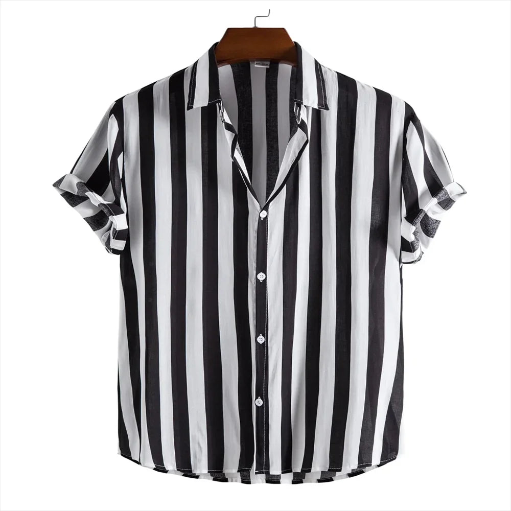 2024 men's shirt button shirt summer shirt 8 color short -sleeved striped striped lapel fashion Hawaiian casual beach shirt