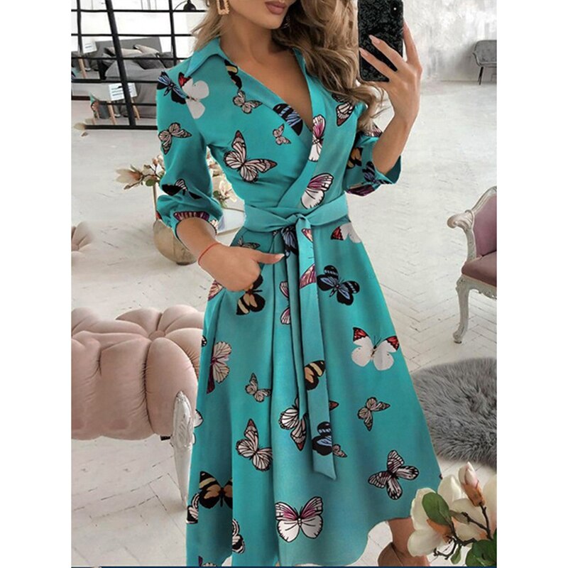 WAYFOLOVE Ladies Spring Summer Long Dress Women Long Sleeve Pocket Casual Dresses Elegant V Neck Butterfly Print Vintage Dresses