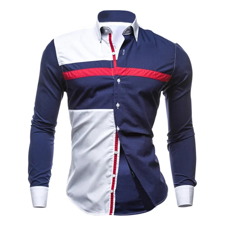 Men Long Sleeve Shirt 2025 Spring Striped Shirts Slim Fit Male Casual Social Patchwork Shirt Turn-down Collar Camisa Masculina