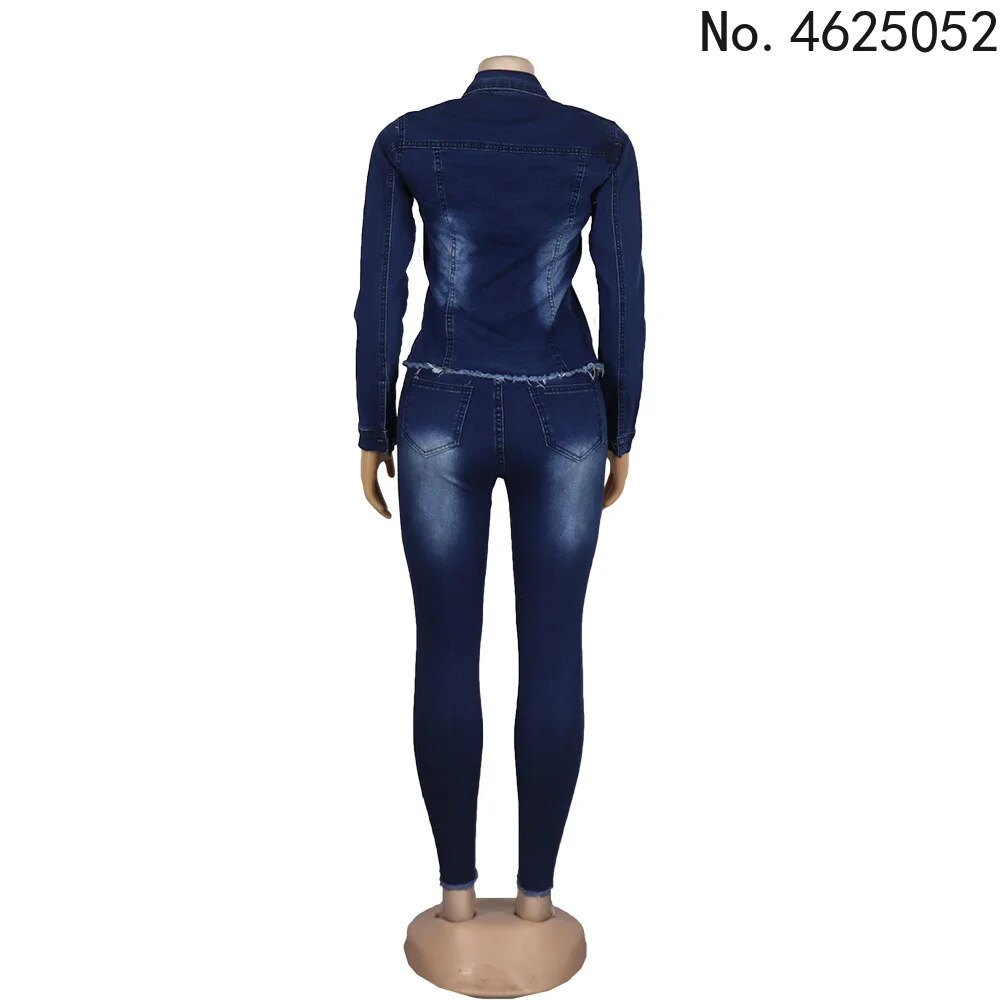 Casual Jeans Two Piece Set Women Denim Pant Suits Bodycon Tracksuit Turn Down Collar Long Sleeve Top Sets Vestidos 2023 Autumn