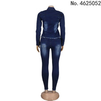 Casual Jeans Two Piece Set Women Denim Pant Suits Bodycon Tracksuit Turn Down Collar Long Sleeve Top Sets Vestidos 2023 Autumn