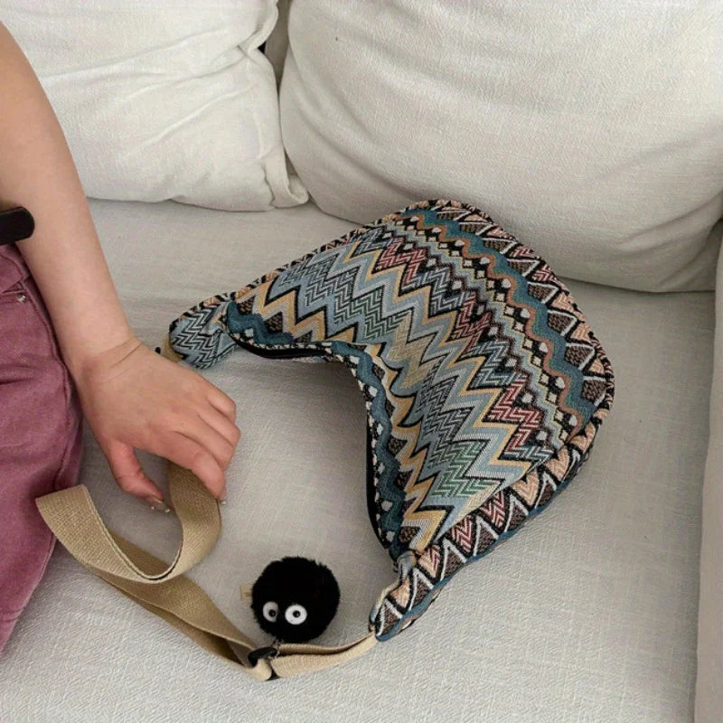 Wave Pattern Design Crossbody Bag for Women New Large Capacity Canvas Shoulder Bag, Versatile College Students Dumplings Bag