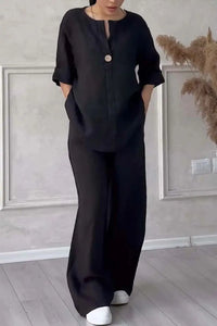 Women's Cotton and Linen Pants Suit Casual Solid Pullover Pants 2-piece Set White Pink Simple Wide Leg Pants Two Piece Set Suits