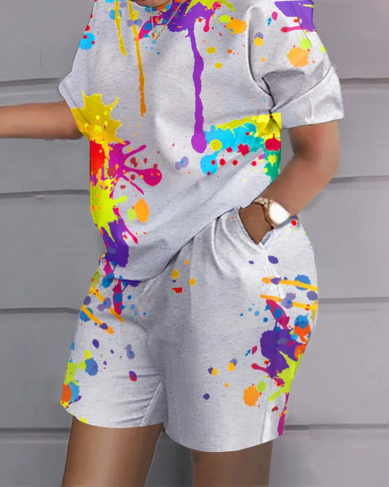 Women Print Two Piece Shorts Sets Matching Sets Short Sleeve T Shirts Pockets Elastic Waist Trousers Y2k Tops Suits Summer 2025