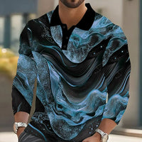 2025 Men's Abstract Marble Long Sleeve Polo Shirt Breathable Business Casual Top Slim Fit Quick Dry Multi Colors Fall Winter