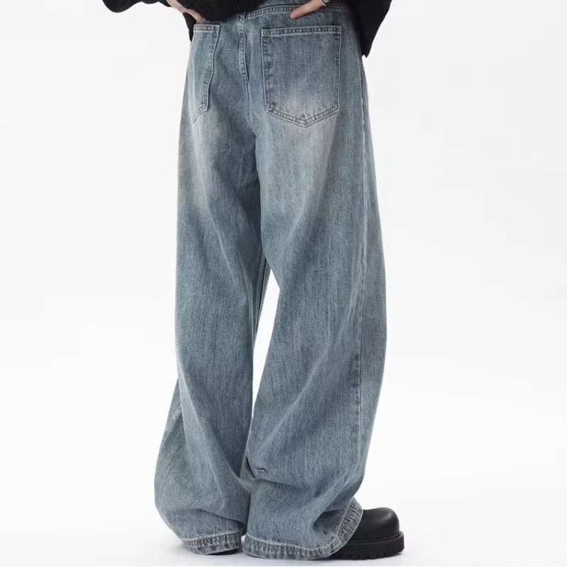 Loose Straight Jeans Men's Summer Casual Drooping Wide-leg Floor Trousers Chrome Darts Rhinestones Cooling Pants Man Jackets Top