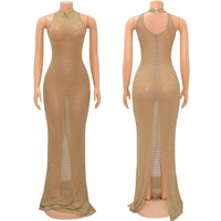 Gold Rhinestone Mesh Prom Maxi Dress Long Luxury Elegant See Through Outfits Wedding Party Gowns Sexy Night Club Bodycon Dresses