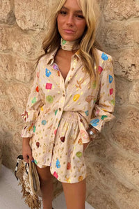 Fashion Printed 2 Piece Set Loose Lapel Long Sleeve Single Breasted Shirt Elastic Waist Shorts Set Women Casual Vacation Suit