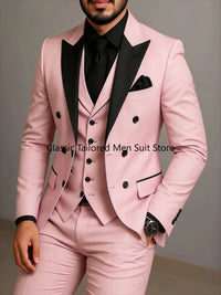 Beige Double Breasted Suit  Black Lapel  Slim Fit Wedding Suit
