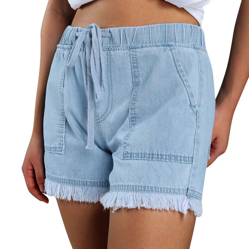 Women's Washed Denim Shorts, Casual Drawstring Elastic Waist Frayed Hem Loose Short Jeans