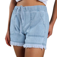 Women's Washed Denim Shorts, Casual Drawstring Elastic Waist Frayed Hem Loose Short Jeans