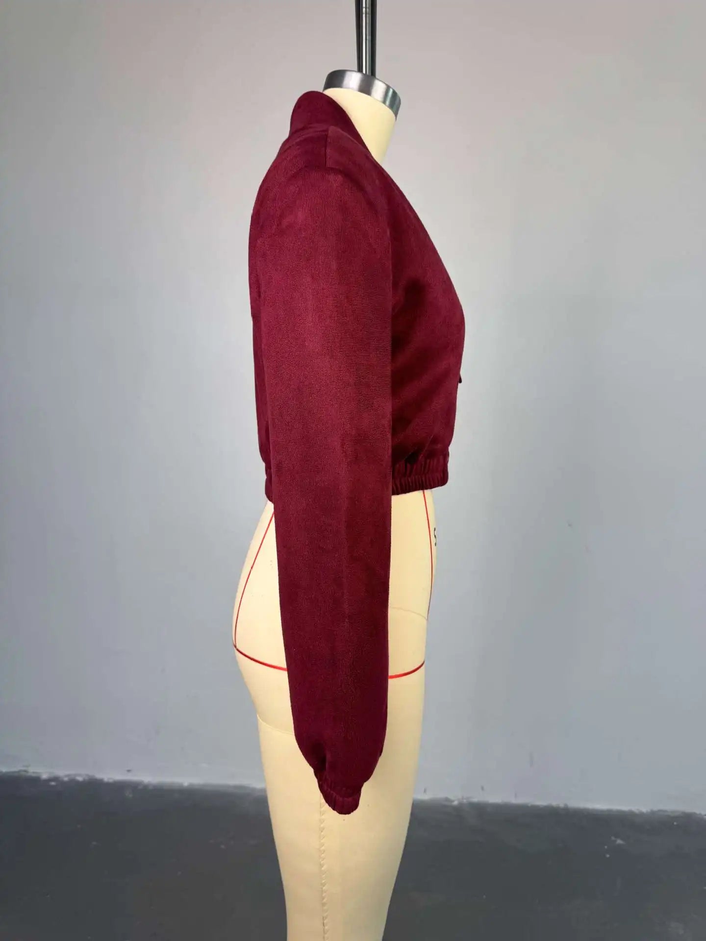 Women's Solid Color Long Sleeved Fashionable Wine Red Slim Fit V-neck Double Breasted Long Sleeved Top for Spring 2026