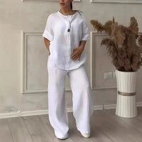 Comfortable Loose Cotton Linen Women's two pieces set Top Wide Leg Pants Casual  Fashion Set Suits Spring Summer Wear Outfits